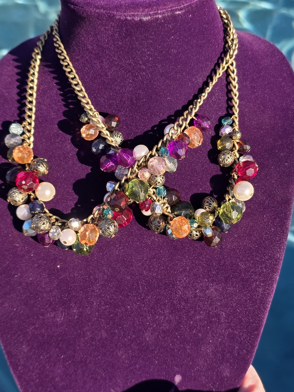 Vintage SHA Multicolor Beaded Statement Necklace | Faux Pearl Gold Tone